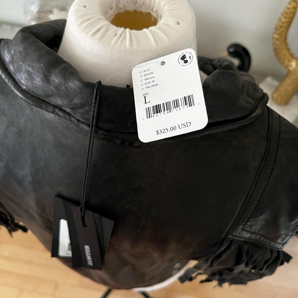 Mauritius (purchased online from Free People) Black Leather Zoey Fringe Jacket - Picture 8 of 14